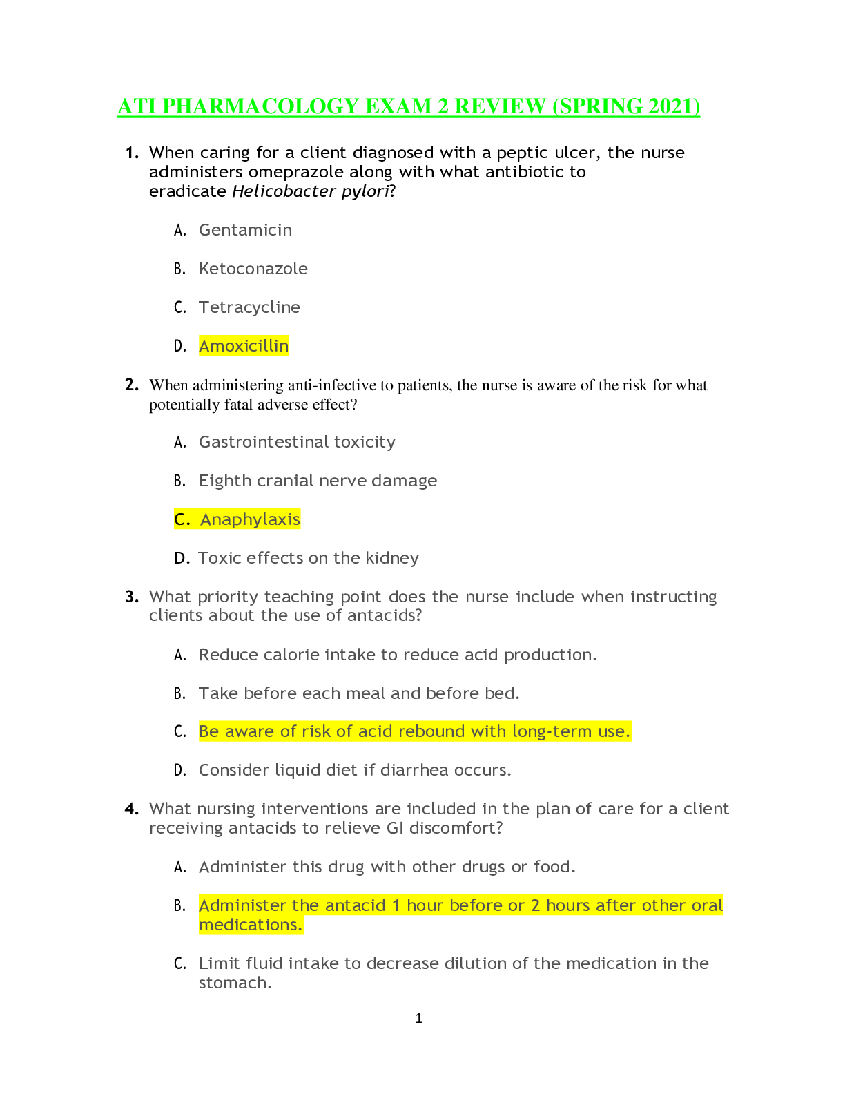 Preview of ATI PHARMACOLOGY EXAM 2 (SPRING 2021) REVIEW QUESTIONS AND ANSWERS